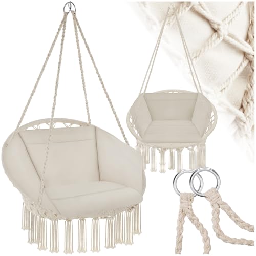 tectake® Indoor und Outdoor Hängesessel, Terrassen und Balkonmöbel, Hängesessel mit Gestell, robuste Konstruktion mit großem weichem Kissen, bis 150 kg - beige