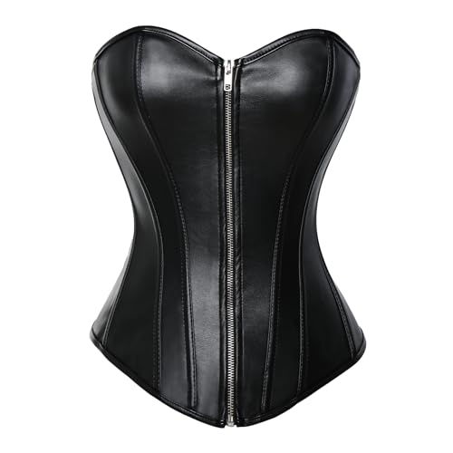 MISS MOLY Corsage|Vollbrust Vintage Kunstleder Korsage Leder-Optik Coolstil Korsett Reißverschluss/Vorderschliesse Corset(Mit G-String) Schwarz M