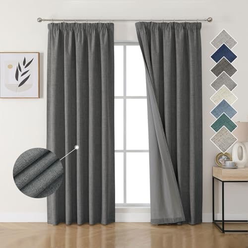Joydeco 100% Verdunkelungsvorhänge Leinen Gardinen mit Kräuselband 2er Set H245xB140cm Grau, Thermovorhang Kälteschutz Blickdicht Schallschutz Ideal für Wohnzimmer passt zu Schienensystemen