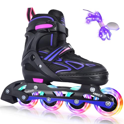 BELEEV Inliner Kinder Jugendliche Erwachsene, Inline Skates 4 Größen Verstellbar, Roller Skates mit LED Leuchtende Schnürsenkeln und Rädern, Geschenke Anfänger Mädchen Jungen Herren Damen - Purple L