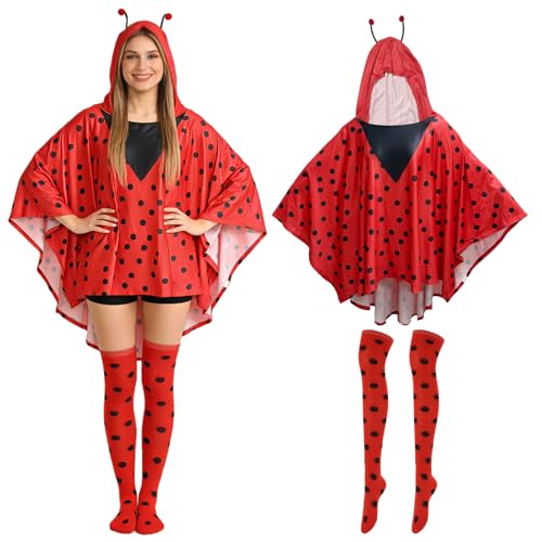 Beafaeur Marienkäfer Kostüm Damen, Faschingskostüm Marienkäfer Umhang Erwachsene, Rot Antenne Umhang und Socken, für Karneval Party Cosplay