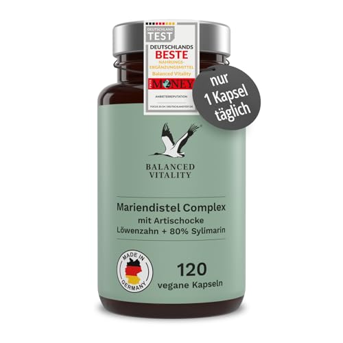 Mariendistel Kapseln - Artischocke, Löwenzahn Complex & 80% Silymarin - 120 vegane Kapseln für 4 Monate - ohne Zusatzstoffe - laborgeprüft - Balanced Vitality