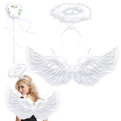 Engelsflügel weiß,faschingskostüme Damen engelsflügel weiß groß 70cm mit heiligenschein und zauberstab Engel kostüm Damen, Karneval kostüm Damen engelsflügel Erwachsenes Kinder