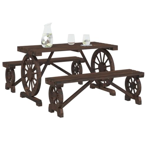 vidaXL Garten Essgruppe 3-TLG., Gartengarnitur mit Wagenräder-Design, Sitzgruppe für Garten Terrasse, Gartentisch Bänke Gartenmöbel, Landhausstil, Massivholz Tanne
