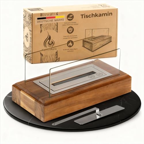 Dekorative Edelstahlschale mit Glasaufsatz & Akazienholz-Sockel – modernes Wohnaccessoire für Tisch, Regal oder Balkon – stilvolles Designobjekt für Innen & Außen – KaminAura