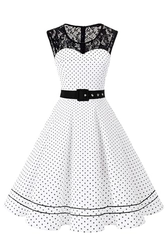 AXOE Damen Rockabilly Kleid 50er Jahre Vintage A-Linie Festlich & Alltag mit Spitze & Gürtel für Hochzeit Sommer Cocktail Weiß mit Blumenmuster F1, Gr.38 (EU 40), M