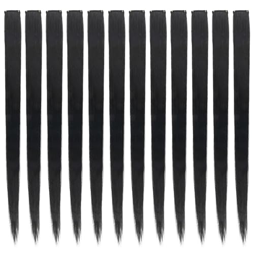 12 Stück Haarverlängerung,Schwarz Haarteil Haarsträhnen Zum Einklipsen,Glattes Langes Haarteile Haarsträhnen,55cm Hair Extensions Clip in für Kinder Frauen