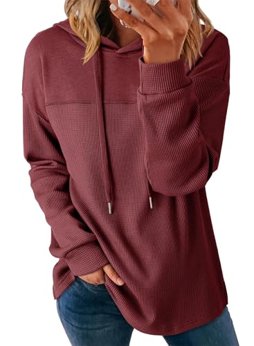 Chicrise Kapuzenpullover Damen Herbst Waffle Hoodie Rundhals Kordelzug Einfarbig Langarm Oberteile Long Modische Thermo Modern Burgunderrot Mittel 38-40 M