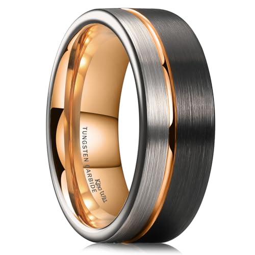 King Will Loop Wolframkarbid Hochzeit Band 8mm Rose Gold Line Ring Schwarz und Silber gebürstet Comfort Fit 8