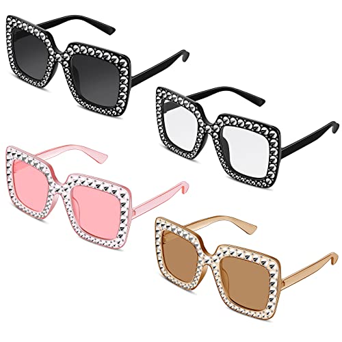 BBTO 4 Paar Mode Sonnenbrillen Übergroße Quadratische Damen Sonnenbrille Unisex Bling Kristall Strass Brillen mit Dickem Rahmen