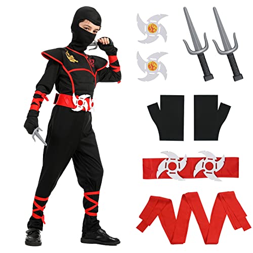 AOMIG Ninja Kostüm Kinder, 13Pcs Kinderkostüm Ninja Set, Jungen Mädchen Ninja Anzug Kinder, Ninja Zubehör Kostüm für Halloween Verkleidung Karneval Party Cosplay, Rot Schwarz
