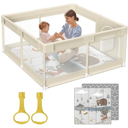 Fodoss Baby Laufgitter mit Matte, 120x120cm Laufstall Baby, mit Matratze, Atmungsaktives Netzdesign, Laufstall für die Wohnung-Beige
