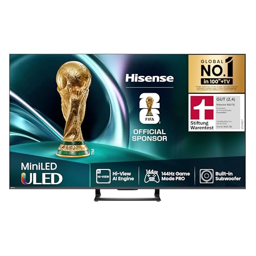 Hisense 55U7Q Fernseher 55 Zoll, 4K Mini LED ULED, Smart TV, Hi-View AI Engine, 144Hz Game Mode Pro, FreeSync Premium, Built in Subwoofer, Dolby Vision IQ Atmos, Airplay, Sprachsteuerung[2025]