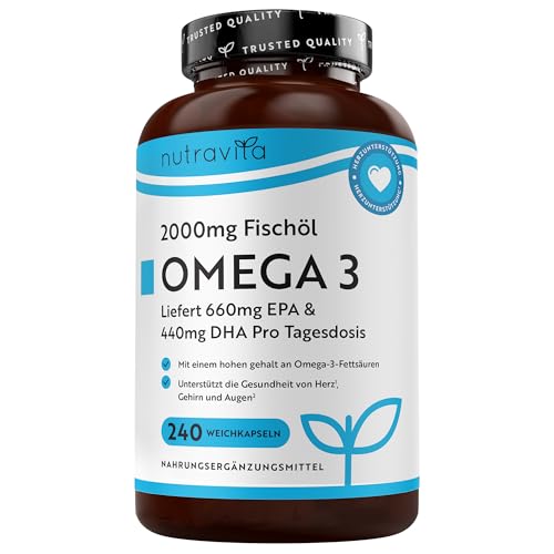 Nutravita Omega 3 Kapseln Hochdosiert 2000mg Fischöl Kapseln mit 660mg EPA un 440mg DHA Unterstützt die Gesundheit von Herz, Gehirn und Augen (EFSA) 240 Weichkapseln für 4 Monate