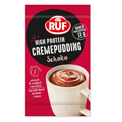 RUF High Protein Cremepudding Schoko, Schoko-Pudding aus der Tasse mit 13g Protein pro Portion, einfache Zubereitung ohne Kochen, glutenfrei, 1 x 59g