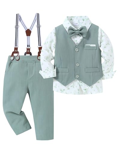 Amissz Kinder Anzug Set Junge, Kinderanzug Hochzeit Festliche Kindermode Jungen Anzüge Langarm Hemd + Hosenträger + Weste + Fliege Taufbekleidung für Baby-Jungen (Grün, 12-18 Monate)