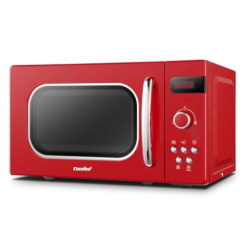 Comfee CMSRO 20 di rd Retro-Mikrowelle mit 8 Automatikmenüs, 5 Leistungsstufen, Schnellkochtaste, 20 l, 800 W, leidenschaftlich rot