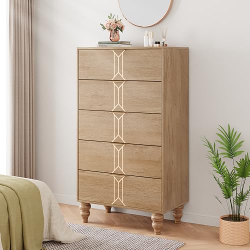 Creperture Kommode Mit 5 Schubladen, Hohe Schubladenschrank Aus Holz Schlafzimmerkommode, Vintage-Stil Aufbewahrungsschrank Mit Schubladen Für Schlafzimmer Wohnzimmer Flur