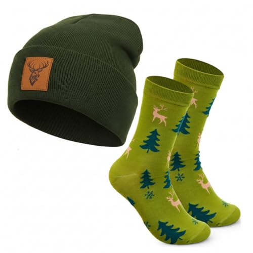 Jadive Geschenke für Jäger Hirsch Strickmütze Jäger Socken Winter Beanie Mütze Orange Jagd Zubehör(Frischer Stil)