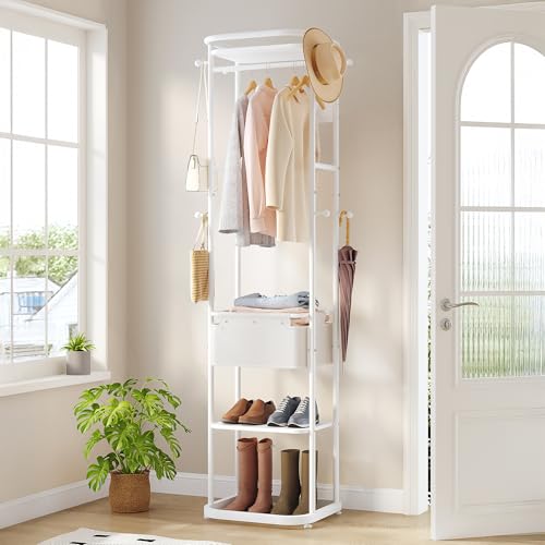 Hzuaneri Garderobenständer, Kleiderständer mit Großer Aufbewahrungskorb, Garderob mit 3 Ablagen, 11 Haken, 40 x 44,5 x 182 cm, für Schlafzimmer, Flur, Eingangsbereich, Weiß CR34703W
