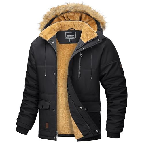 MAGCOMSEN Herren Warme Parka Jacke Gefüttert Winter Daunenjacke Kapuze Camping Jacken Männer Winddicht Warme Outdoorjacke Fleece Funktionsjacke Wandern Jagdjacke mit Mehrfachtaschen Schwarz L