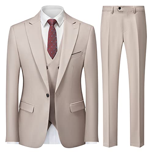 MODFUL Herren Anzug 3-teilig Slim Fit Business Einknopf Smoking Hochzeitsblazer Weste Hosen Set (Beige, L)