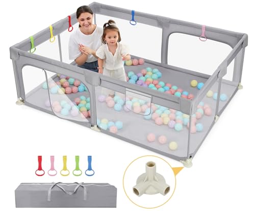 Dripex Laufstall Baby 150x200cm, Laufgitter Baby, Laufstall mit atmungsaktivem Netz, Laufgitter 300D Oxford Gewebe, Playpen, kinderlaufstall, Große Sicherheitsspielplatz, Grau