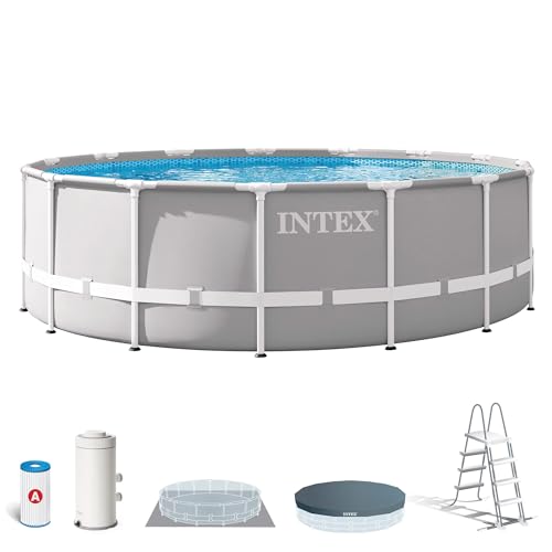 Intex 26726NP – Aufstellpool Prism Frame Rund, Filterpumpe 3785 L/h, Leiter, Bodenplane und Abdeckplane, 16805 L, Stahl und PVC, Grau, 457x122 cm