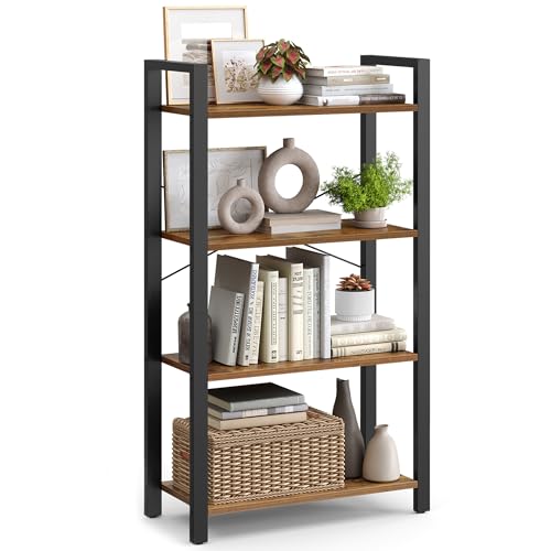 VASAGLE Regal, Bücherregal, Standregal, DVD-Regal, mit 4 Ebenen, Büroregal, offene Ablagen, für Büro, Wohnzimmer, Schlafzimmer, Küche, 30 x 66 x 120 cm, vintagebraun-tintenschwarz LLS60BX