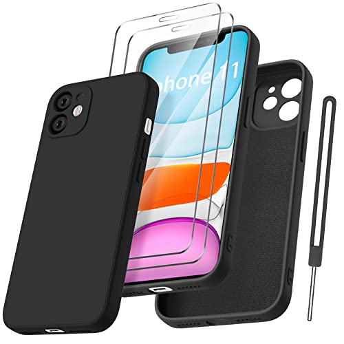Qasyfanc HandyHülle für iPhone 11 Hülle Silikon case mit 2 Stück schutzfolie, Ultra Microfiber TPU Flüssig silikon mit Kameraschutz Kratzfeste Rundumschutz Schutzhülle 6.1''-Schwarz