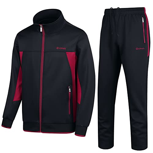 PUMPITU Herren Casual Athletic Trainingsanzug Langarm Sweatsuit Set Full Zip Running Sport Jacke und Hose 2 Stück Outfits, schwarz/rot, X-Large