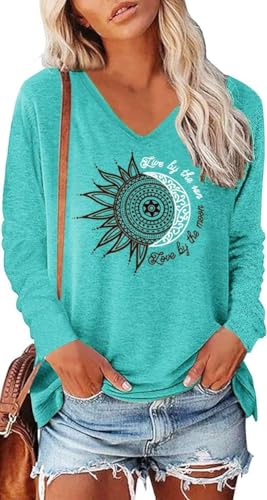 Teesho Damen Tshirt Langarm V Ausschnitt Oberteile Basic Shirts Casual Longshirt Drucken Pullover Herbst Tops Tunika（Lake Blau/L
