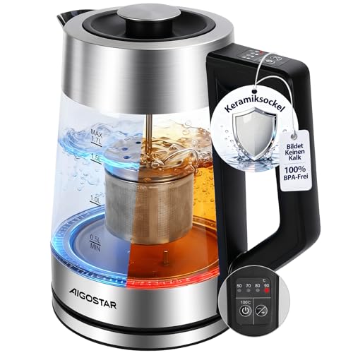 Aigostar Wasserkocher mit Temperatureinstellung Edelstahl Glas 1,7 Liter, Keramikbeschichtung Kalkfrei Teemaschine, 2200W Schnelles Kochen, Warmhaltefunktion, BPA-frei, für Haushalt, Büro & Partys