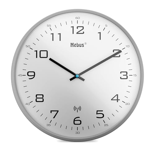 Mebus Funk-Wanduhr, 30 cm, lautlos, Grauer Rahmen, weißes Zifferblatt, Modell 13081 - Modern und geräuschlos, Grau