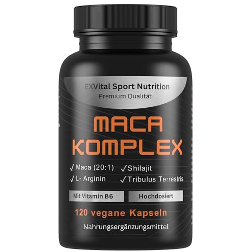 EXVital® Maca Komplex hochdosiert - Maca 20:1 Extrakt mit Tribulus terrestris, Shilajit, L-Arginin & Vitamin B6, 120 vegane Kapseln, laborgeprüft