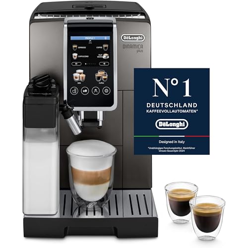 De'Longhi Dinamica Plus ECAM380.95.TB, Kaffeevollautomat mit LatteCrema Milchsystem, One-Touch-Cappuccino, mit 24 Rezepten, 3,5-Zoll TFT-Farbdisplay, 1450W, Titan/Schwarz
