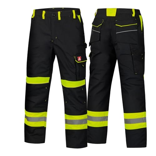 Arbeitshose Herren Schwarz Gelb Gr 54 Warnschutzhose mit Reflexstreifen 8 Taschen Kniepolstertaschen Zollstocktasche Berufsbekleidung Männer Straßenbau Tiefbau Hochbau Rettungsdienst Abfallwirtschaft