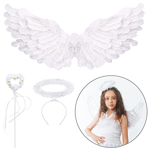 ZDQC 3 Stück Engels flügel Kostüm,60 cm Engelsflügel,engel flügel weiß,Weiße Engelsflügel Deko mit heiligenschein und Zauberstab, Engel Kostüm Damen