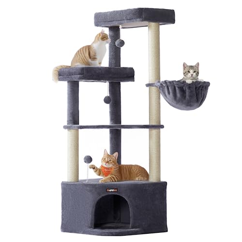 Feandrea Kratzbaum, Katzenbaum, 48,5 x 48,5 x 140,7 cm, Katzenkratzbaum mit großer Kuschelhöhle, großen Plattformen, Plüschbällen, Liegemulde, dukelgrau PCT009G02