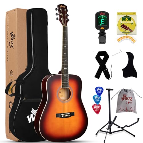 Winzz Akustikgitarren 4/4, Anfänger Gitarren 41 Zoll mit Gitarrentkoffer, Stimmgerät, Gurt, Plektren, Extra Saite und Gitarrenständer, Dunkler Sonnenschliff (Matt,Sunburst)