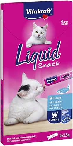 Vitakraft Liquid Snack, Katzen Leckerli, Katzensnack cremig, mit Lachs und Omega 3 Fettsäuren, in einzelnen Sachets, für gesunde Haut (1 Paket mit 6x 15g)