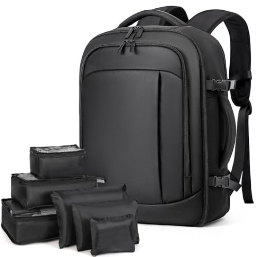 Lekespring Handgepäck Flugzeug für Herren Damen, 17 Zoll Laptop Rucksack Reiserucksack, 30L mit 6 Teilige Kleidertaschen für Urlaub Business Arbeit Reisen, Schwarz