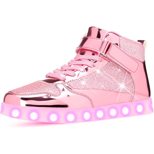 APTESOL Unisex LED Leuchten Schuhe | High-Top | 11 Leuchtmodi | TPU mit Spiegelmetall-Optik & Glitzerdetails | Modische Sneaker für Männer & Frauen für Party/Streetwear, Rosa, EU 42
