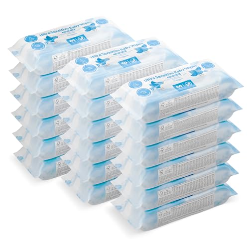 by Amazon Ultrasensitive Babyfeuchttücher, 100% pflanzliche Fasern, 99% Wasser, 1080 Tücher, Unparfümiert, 18 Packungen à 60 Stück (zuvor unter der Marke Mama Bear geführt, identisches Produkt)