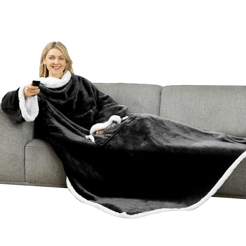 Winthome Kuscheldecke mit Ärmeln Dick, Wolldecke Warm Winter, Sherpa Decke mit Tasche, Fleecedecke Weich Kuschelig, Ärmeldecke Erwachsene, Geschenke, Sofadecke Heizkosten Sparen (Schwarz,140x180cm)