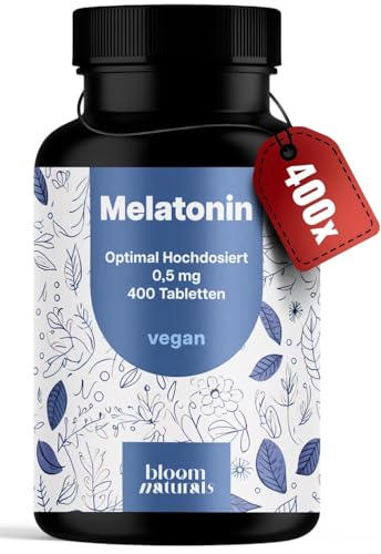 Melatonin Tabletten - 400 Stück mit 0,5mg Melatonin pro Tablette, hochdosiert - vegan und produziert in Deutschland - Verpackung kann variieren