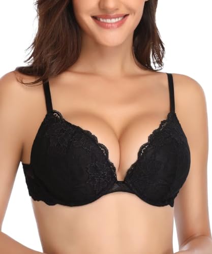 Deyllo Damen Push Up BH mit Blumen Spitze Schalen Bügel BH Gepolstert Elegant Schwarz 90B