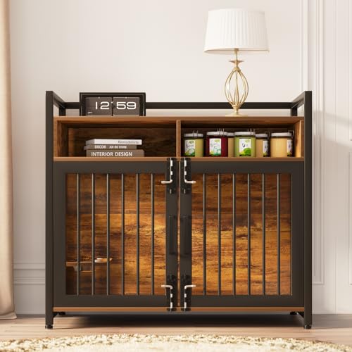 Thaookte Hundekäfig Möbel Mit Lagerregal, 122x76x110Cm, Hundebox Möbel Mit 360° Drehbaren Hundenäpfen Und Mit 2 Türen, Hochbelastbarer Hundekäfig Für Zuhause, Hundeschrank Für Große Und Mittlere Hunde