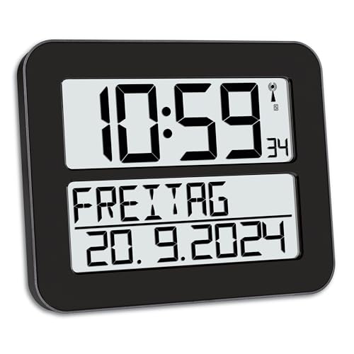 TFA Dostmann Digitale Funk-Wanduhr Timeline Max, 60.4512.01, übersichtliche Funkuhr, Demenzuhr, Küchenuhr, mit ausgeschriebenem Wochentag & Datum, mit Weckfunktion, 25,8 x 3 x 21,2 cm, schwarz