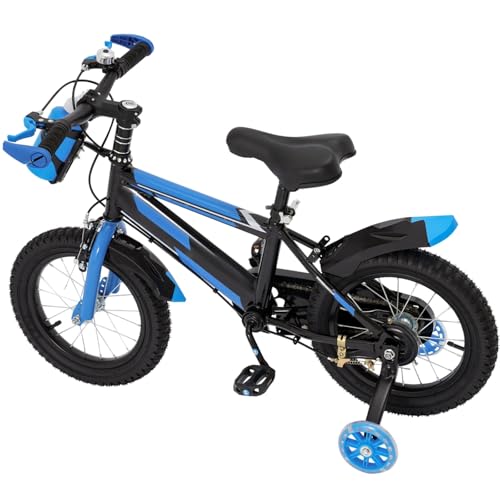 WSIKGHU 14 Zoll Kinderfahrrad für ab 3-7 Jahre Jungen & Mädchen, Upgraded Blau Kinder Fahrrad mit Stützrädern, Höhenverstellbar Kinderfahrräder mit Schutzblech und Trinkflasche für Outdoor Reiten